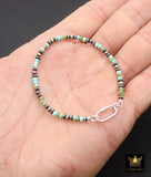 Blue Turquoise Beaded Gemstone Bracelet, 925 Sterling Silver Carabiner Beaded Bracelet, Navajo Pearl Oxidized Handmade Stacking Bracelet