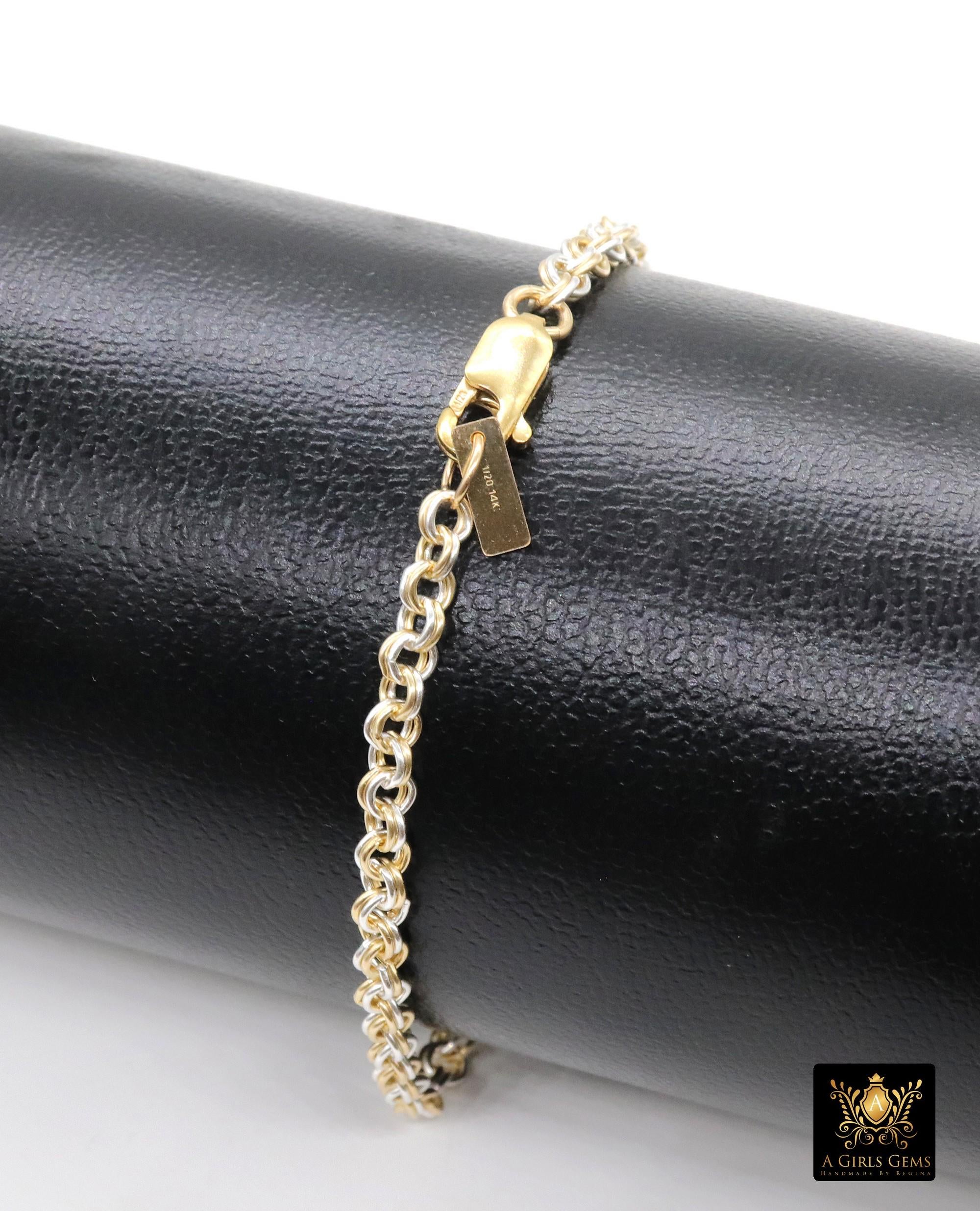 14 K Gold Filled Double Rolo Chain Link Bracelet, 925 Sterling Silver Two Tone Mixed Metal Link Charm Bracelet, Large Lobster, Waterproof
