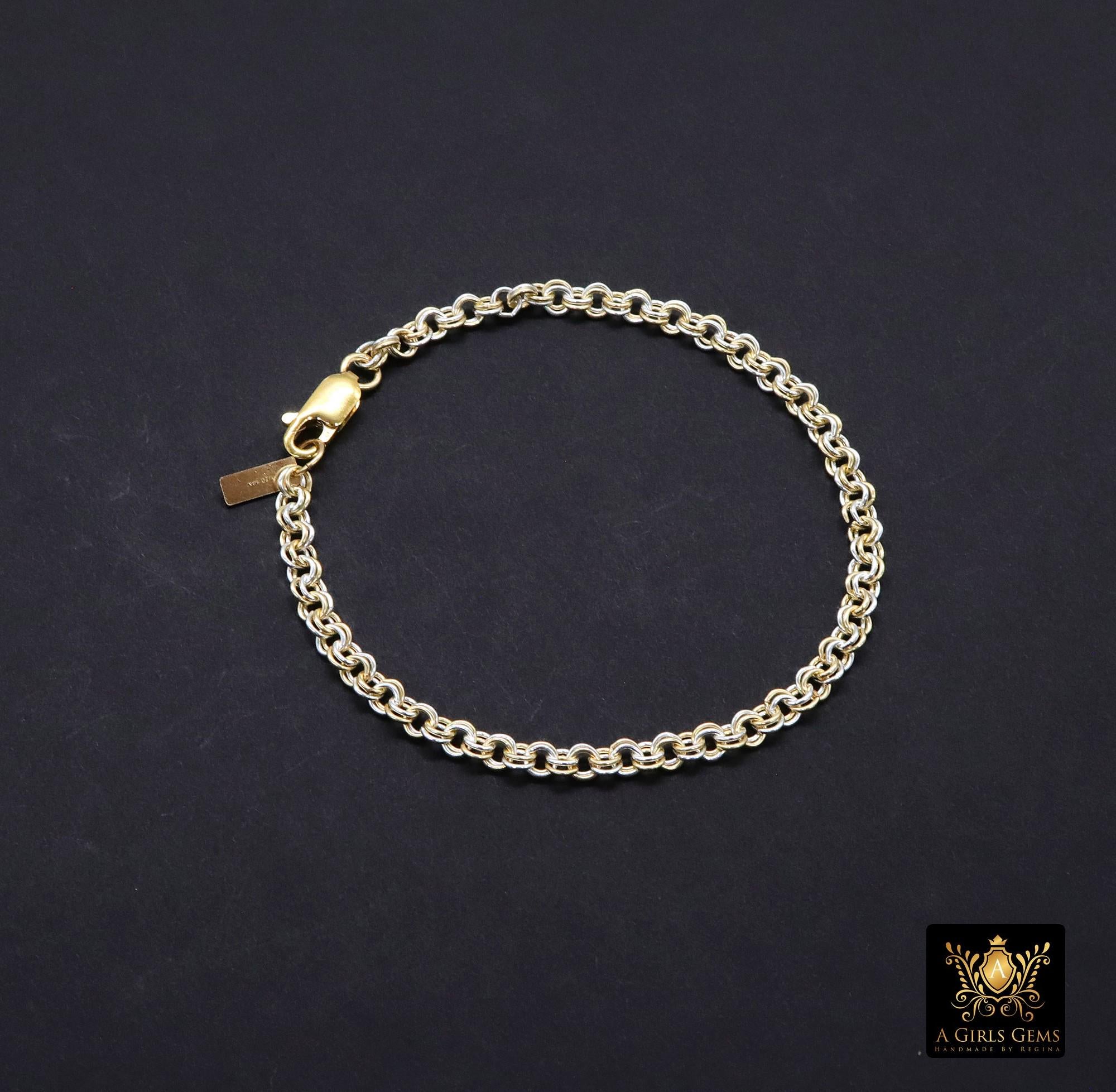 14 K Gold Filled Double Rolo Chain Link Bracelet, 925 Sterling Silver Two Tone Mixed Metal Link Charm Bracelet, Large Lobster, Waterproof