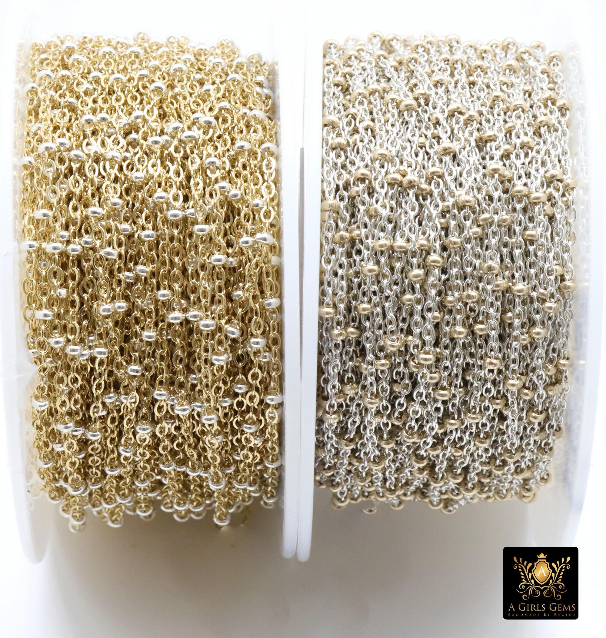 14 K Gold Filled Two Tone Satellite Chains, 925 Sterling Silver Mixed Metal 2.3 mm Rondelle Beads CH# 893, 1.4 mm Cable Chains CH# 898