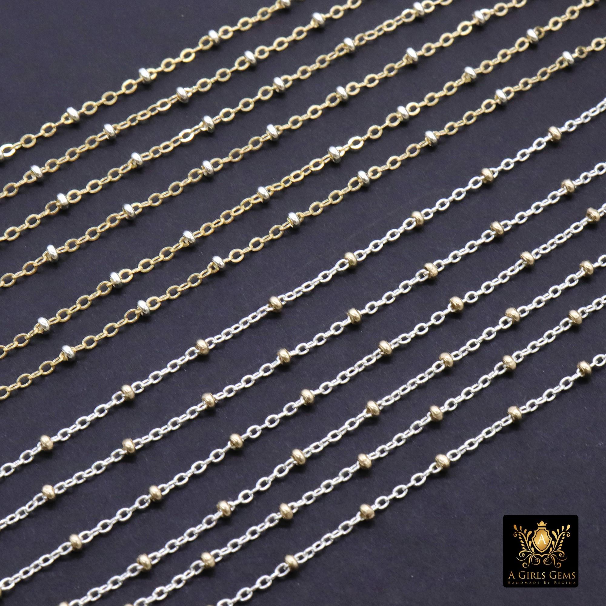 14 K Gold Filled Two Tone Satellite Chains, 925 Sterling Silver Mixed Metal 2.3 mm Rondelle Beads CH# 893, 1.4 mm Cable Chains CH# 898