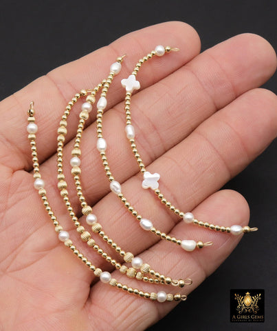 14 K Gold Filled Beaded White Connectors, Long Beaded Grade 5 Pearl and June Gemstone Links, Permanent Jewelry Clover Half Bracelets Charms