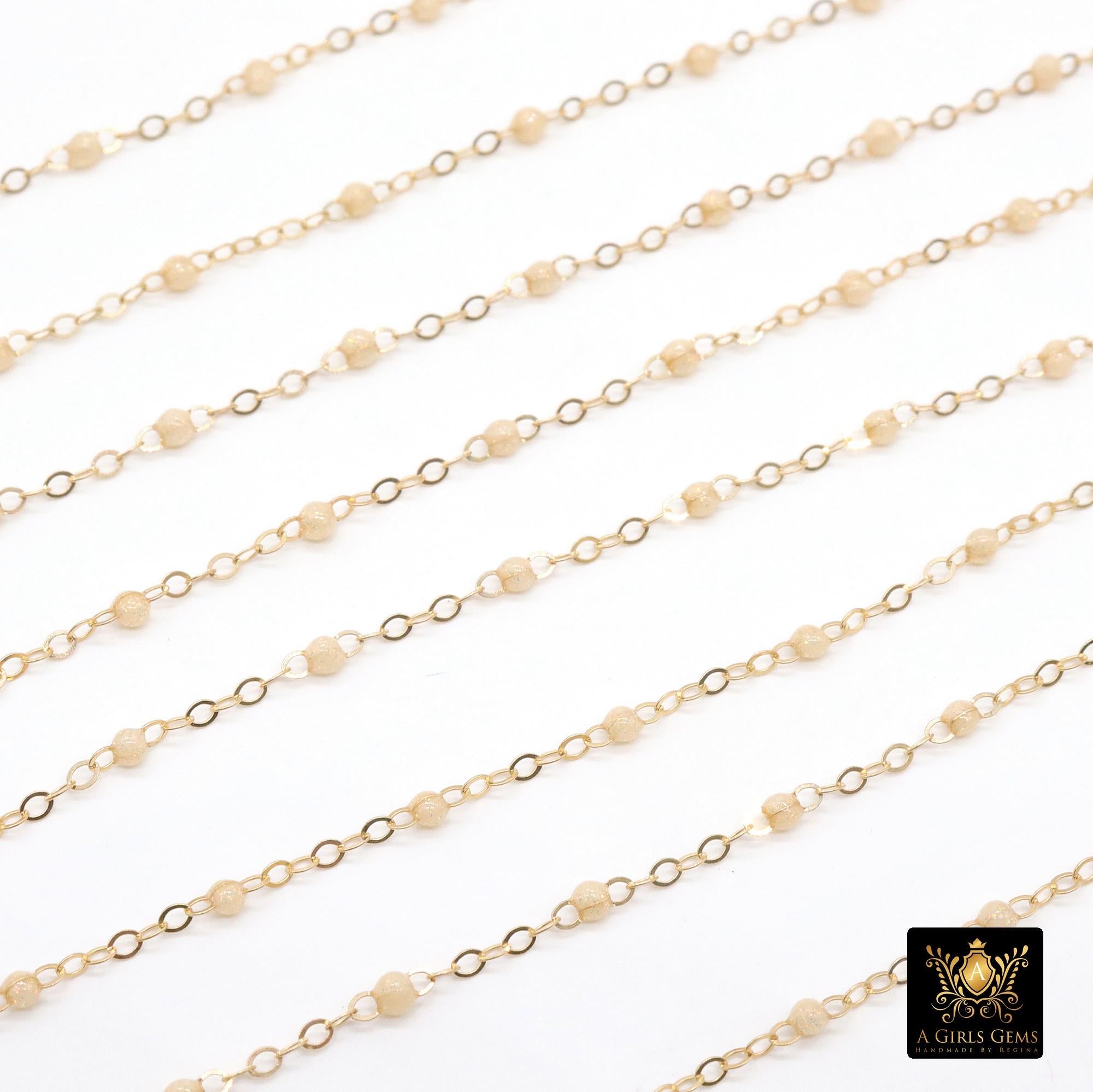 14 K Gold Filled Dainty Beaded Ivory Blush Satellite Chain, Beaded Jewelry CH# 918, By The Foot Cable Chain, Minimalist Permanent Jewelry