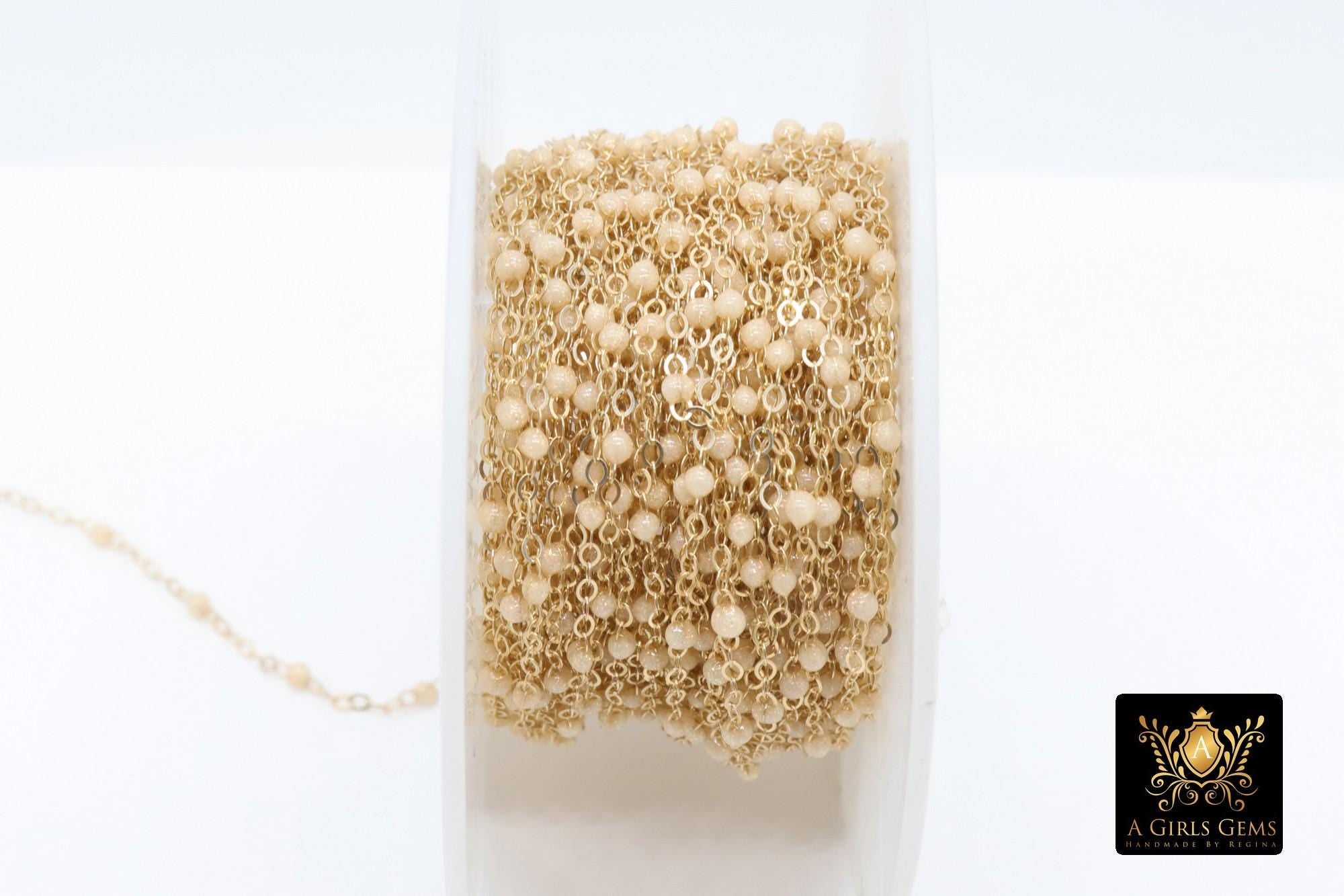 14 K Gold Filled Dainty Beaded Ivory Blush Satellite Chain, Beaded Jewelry, By The Foot Cream Pink Cable Chain, Minimalist Permanent Jewelry