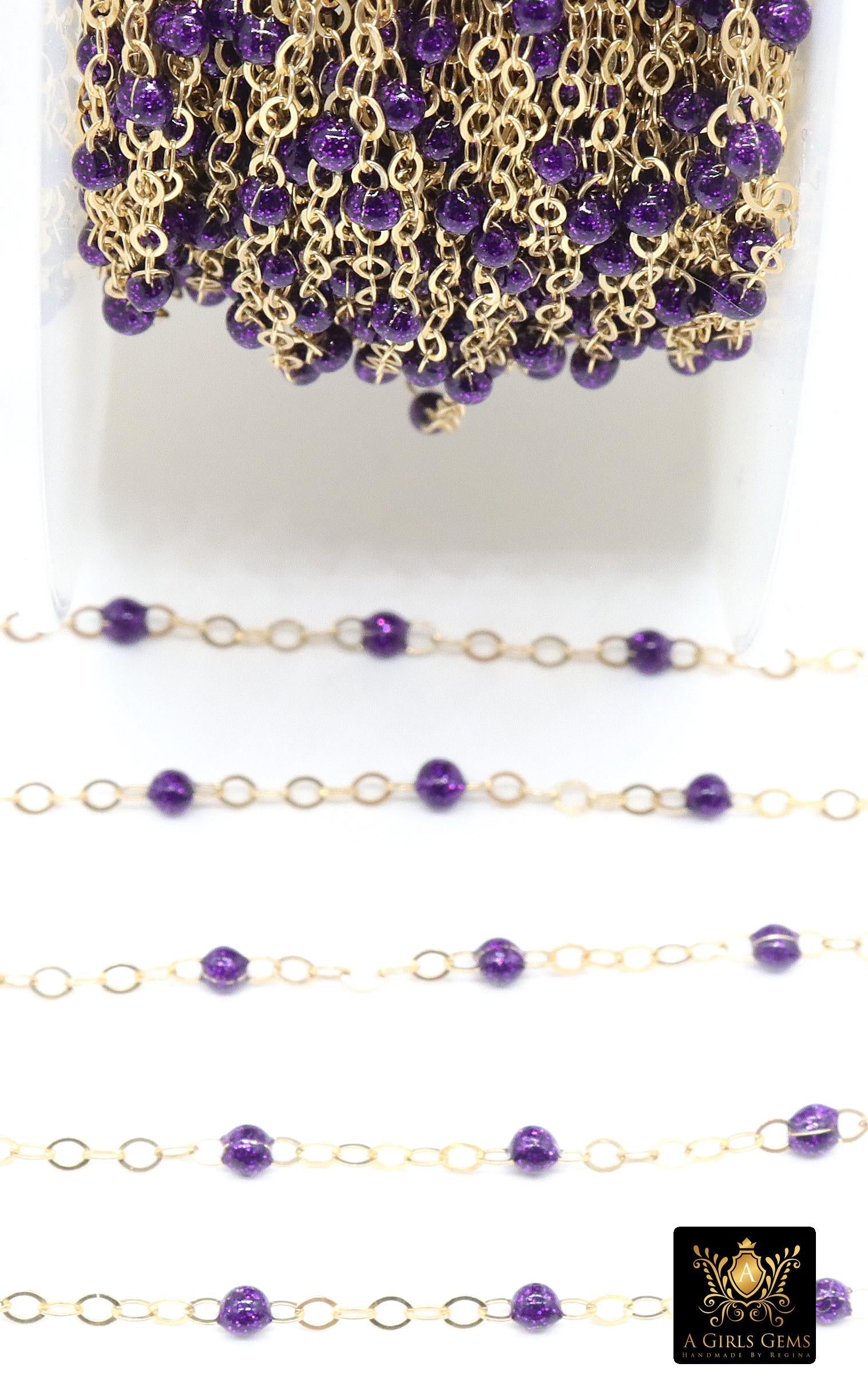 14 K Gold Filled Dainty Beaded Purple Satellite Chain, Bead Chain Jewelry, By The Foot Cable Chain, Minimalist Permanent Jewelry