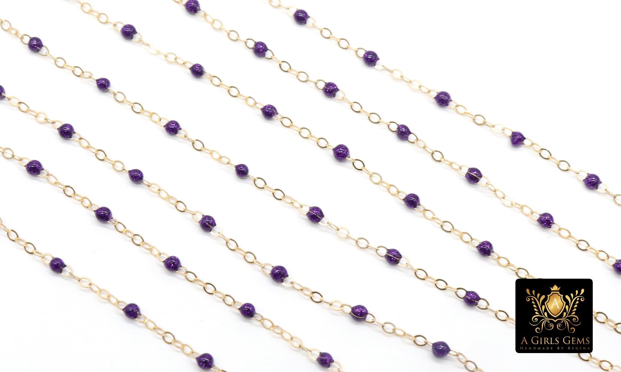 14 K Gold Filled Dainty Beaded Purple Satellite Chain, Bead Chain Jewelry CH# 921, By The Foot Cable Chain, Minimalist Permanent Jewelry