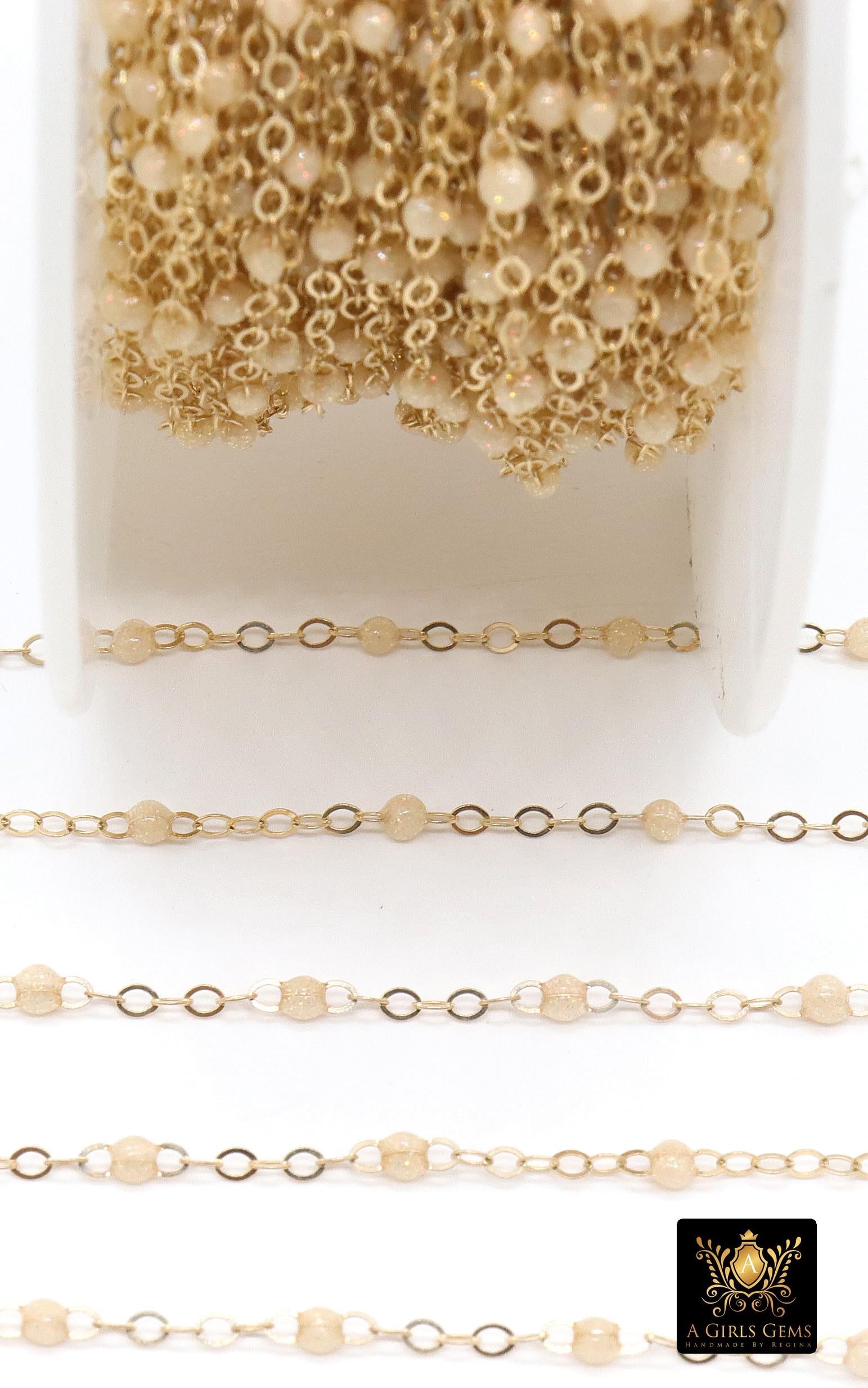 14 K Gold Filled Dainty Beaded Ivory Blush Satellite Chain, Beaded Jewelry CH# 918, By The Foot Cable Chain, Minimalist Permanent Jewelry