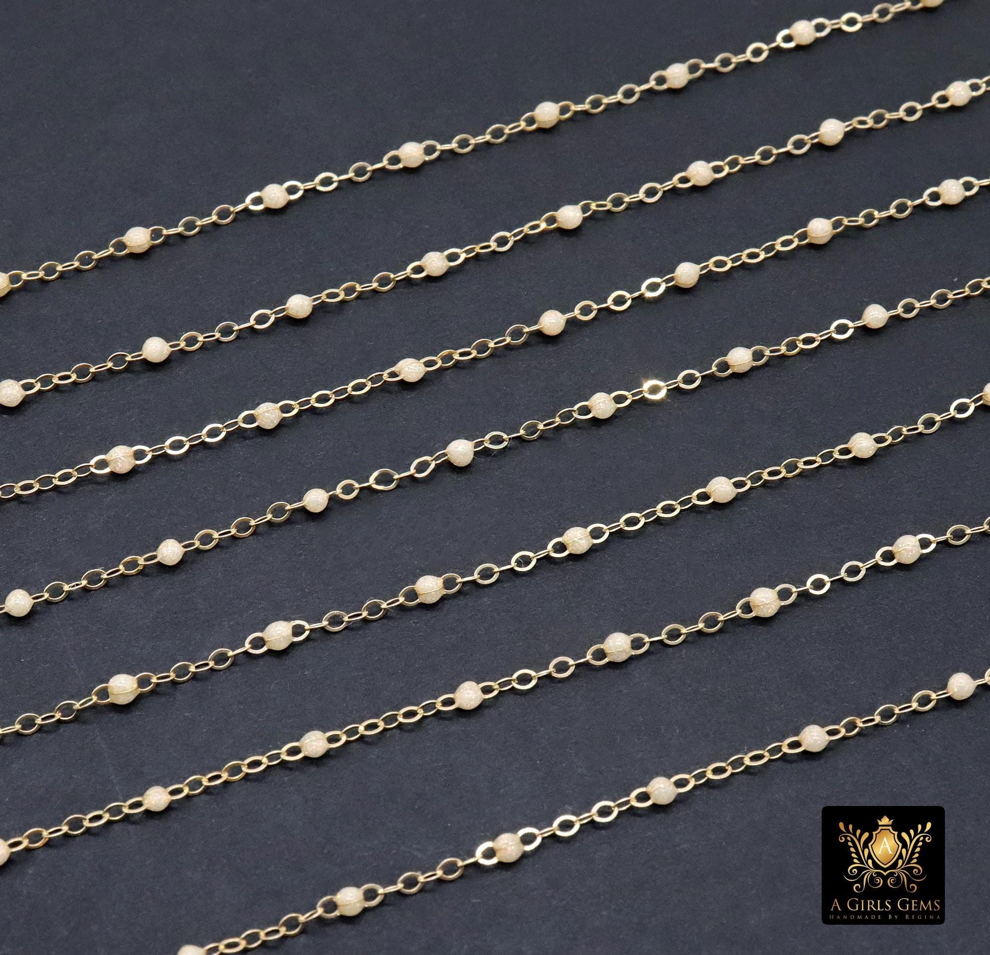14 K Gold Filled Dainty Beaded Ivory Blush Satellite Chain, Beaded Jewelry CH# 918, By The Foot Cable Chain, Minimalist Permanent Jewelry