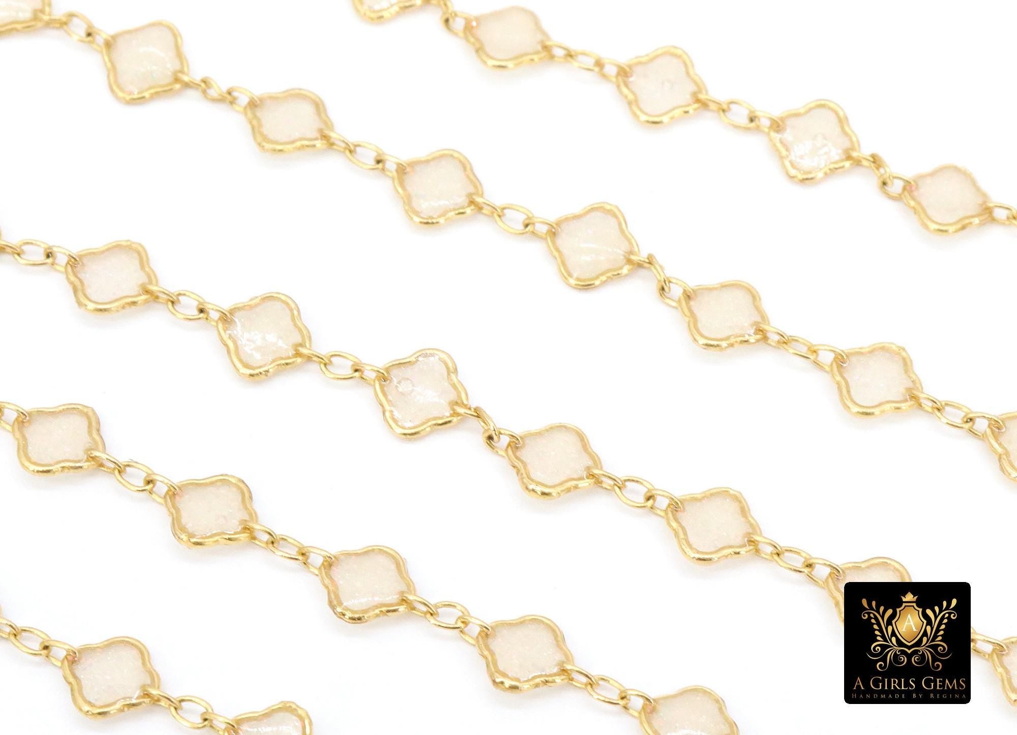 14 K Gold Filled Clover Enamel Chain, 4.4 mm Quatrefoil Dainty Links CH# 790, By The Foot, White Enamel Opalite Chain, Permanent Jewelry