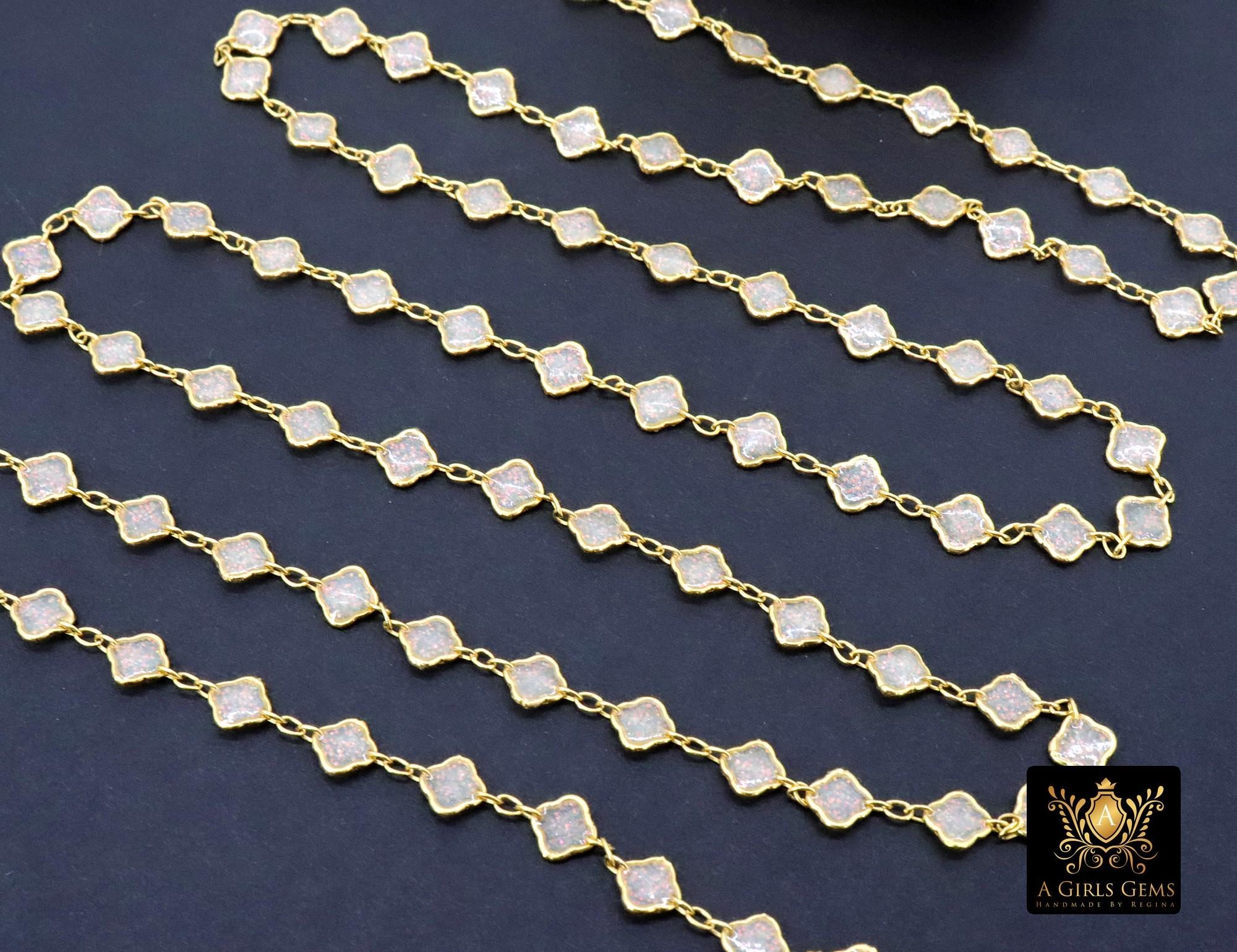 14 K Gold Filled Clover Enamel Chain, 4.4 mm Quatrefoil Dainty Links CH# 790, By The Foot, White Enamel Opalite Chain, Permanent Jewelry