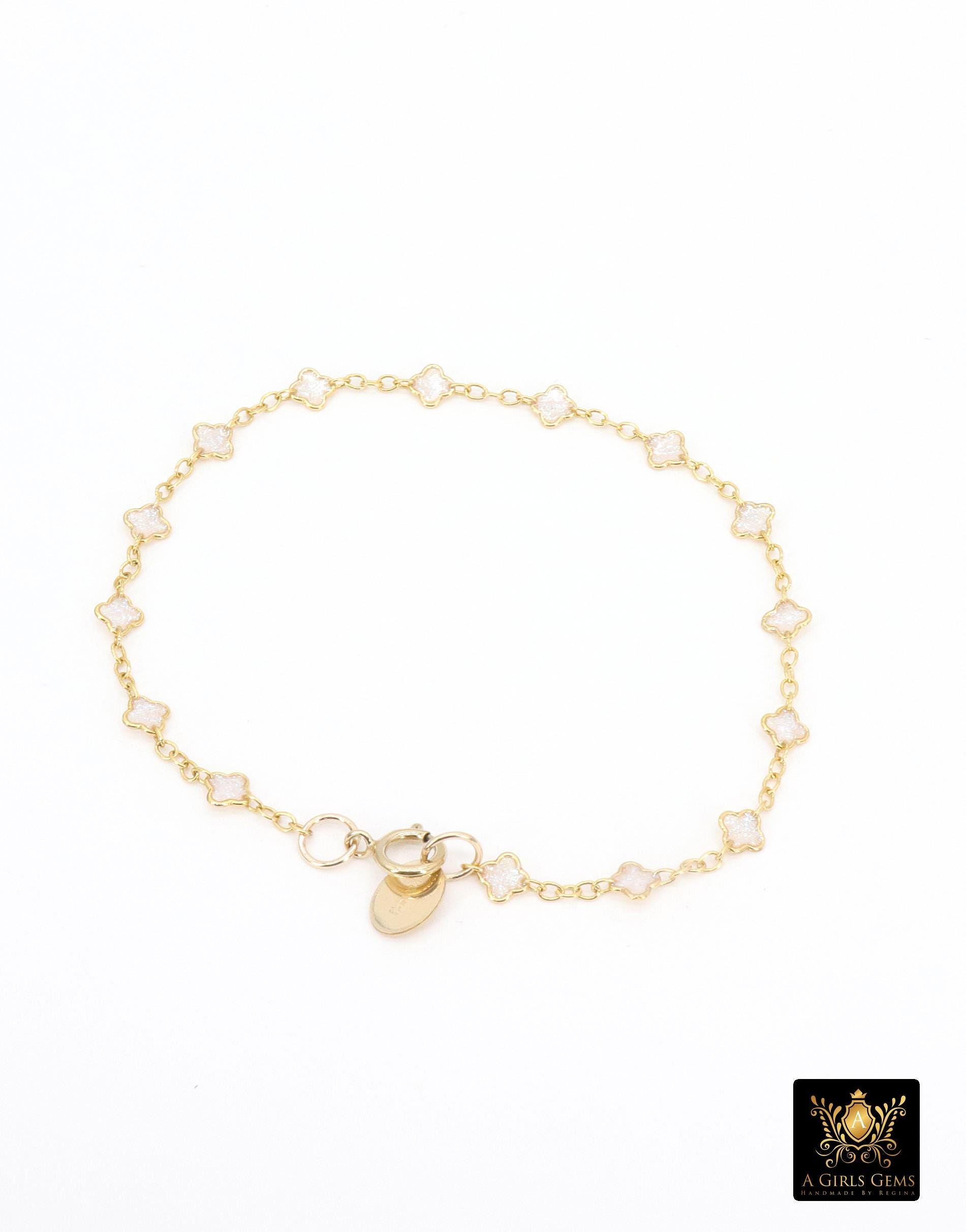 14 K Gold Filled White Opal Clover Bracelet, Dainty Charm Chain Link Bracelet, Stamped Charm Gold Filled