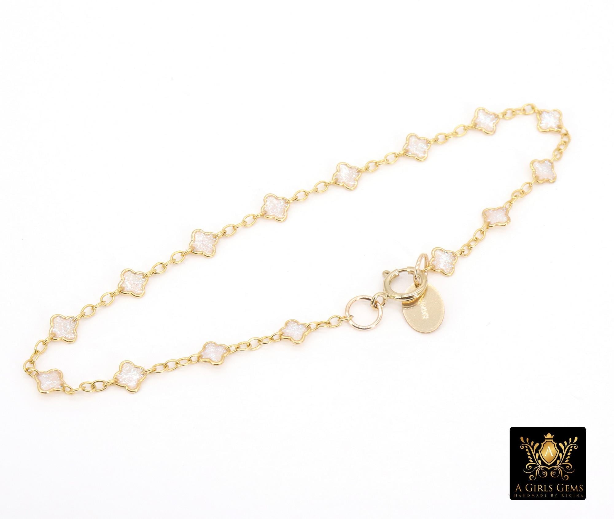 14 K Gold Filled White Opal Clover Bracelet, Dainty Charm Chain Link Bracelet, Stamped Charm Gold Filled