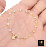 14 K Gold Filled White Opal Clover Bracelet, Dainty Charm Chain Link Bracelet, Stamped Charm Gold Filled