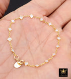 14 K Gold Filled White Opal Clover Bracelet, Dainty Charm Chain Link Bracelet, Stamped Charm Gold Filled