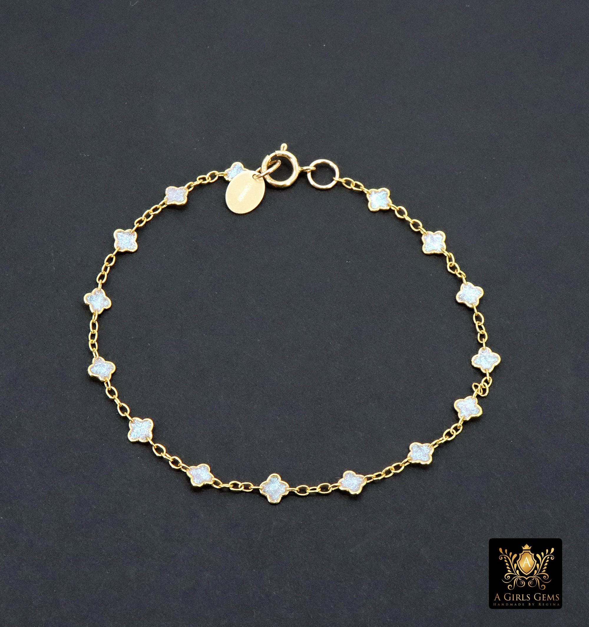 14 K Gold Filled White Opal Clover Bracelet, Dainty Charm Chain Link Bracelet, Stamped Charm Gold Filled