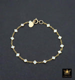 14 K Gold Filled White Opal Clover Bracelet, Dainty Charm Chain Link Bracelet, Stamped Charm Gold Filled