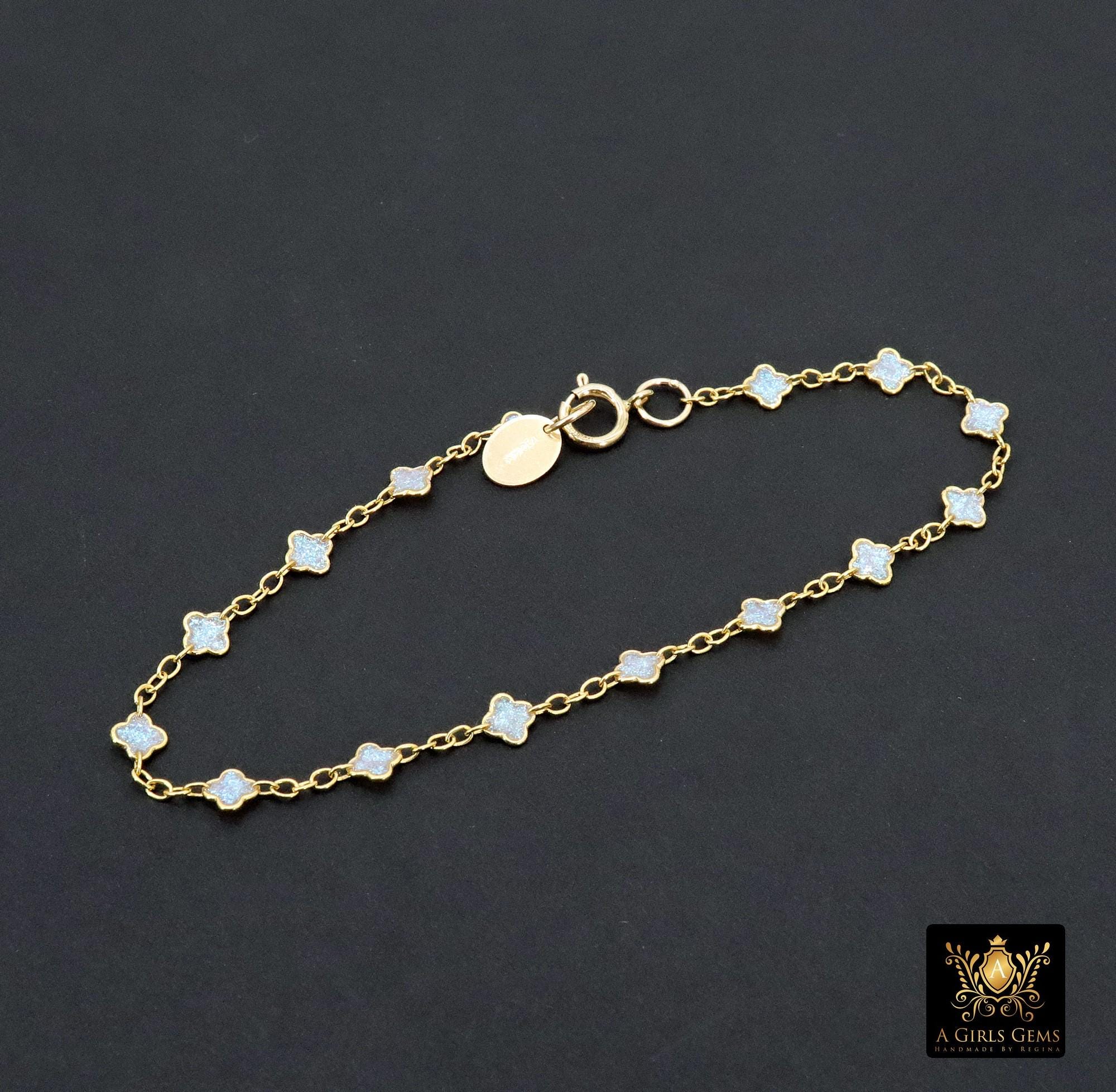 14 K Gold Filled White Opal Clover Bracelet, Dainty Charm Chain Link Bracelet, Stamped Charm Gold Filled