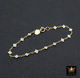 14 K Gold Filled White Opal Clover Bracelet, Dainty Charm Chain Link Bracelet, Stamped Charm Gold Filled