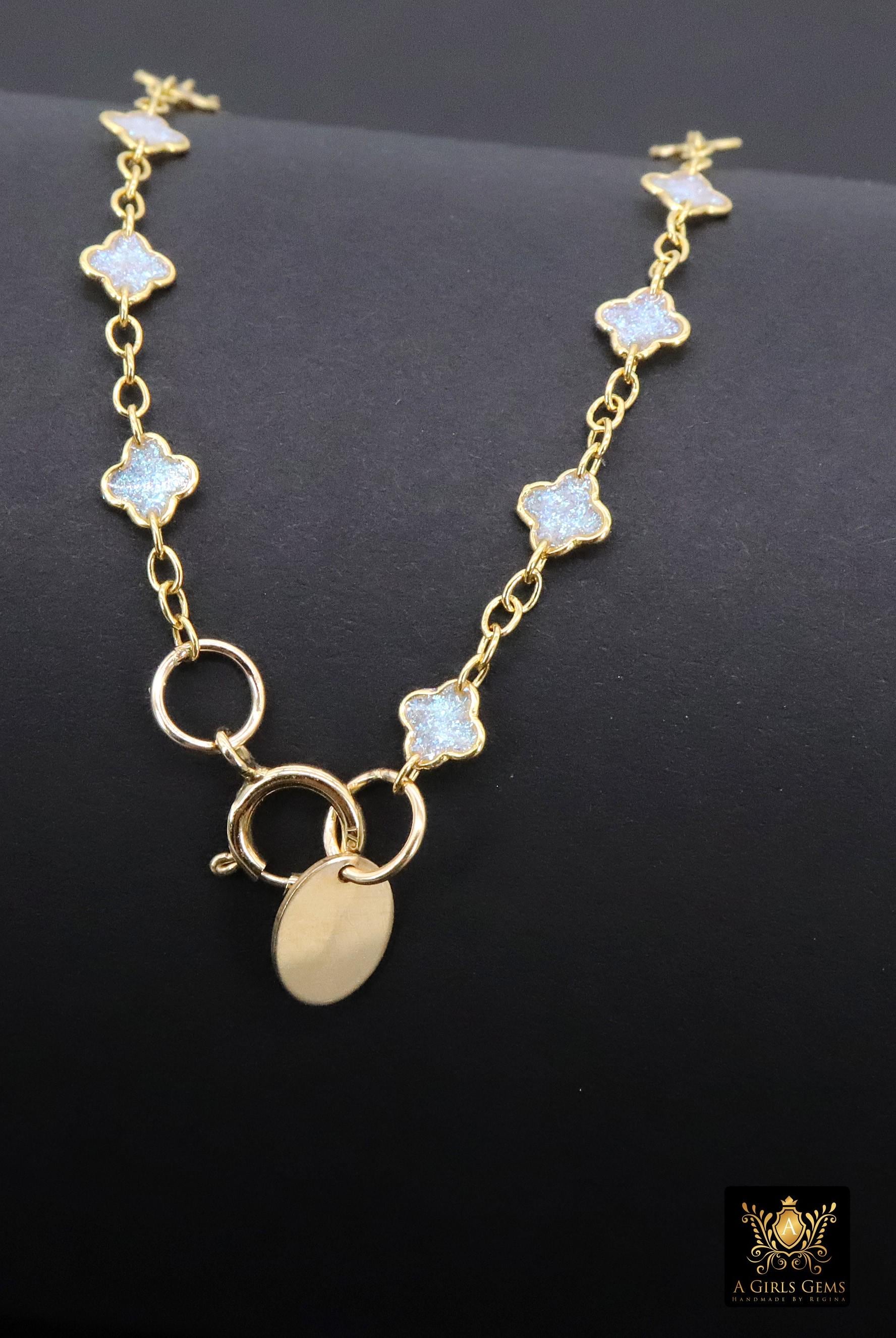 14 K Gold Filled White Opal Clover Bracelet, Dainty Charm Chain Link Bracelet, Stamped Charm Gold Filled