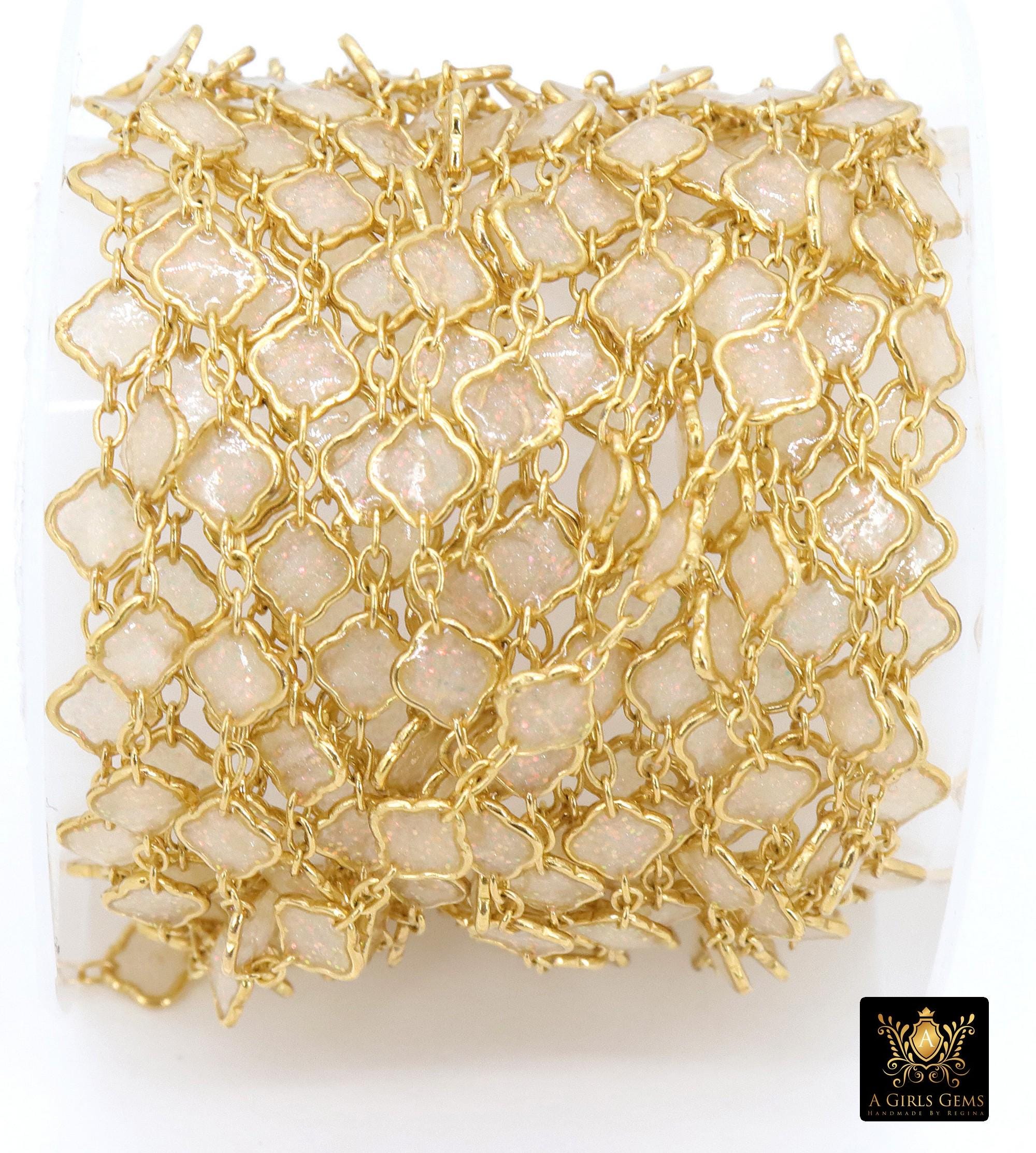 14 K Gold Filled Clover Enamel Chain, 4.4 mm Quatrefoil Dainty Links CH# 790, By The Foot, White Enamel Opalite Chain, Permanent Jewelry