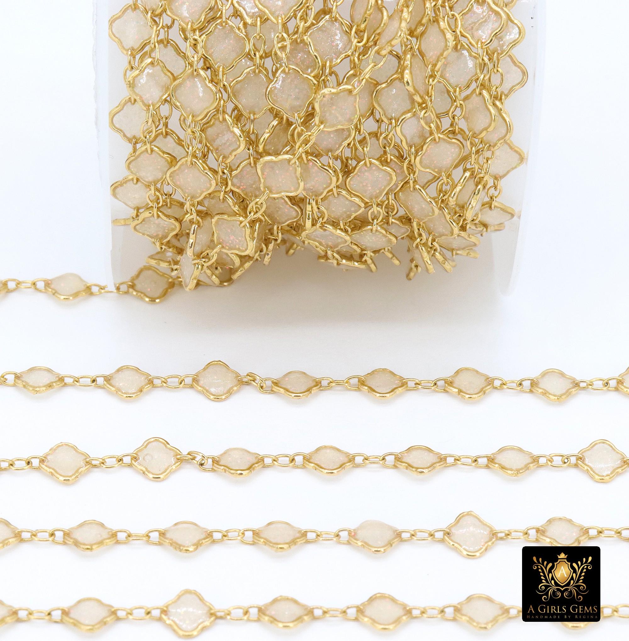 14 K Gold Filled Clover Enamel Chain, 4.4 mm Quatrefoil Dainty Links CH# 790, By The Foot, White Enamel Opalite Chain, Permanent Jewelry