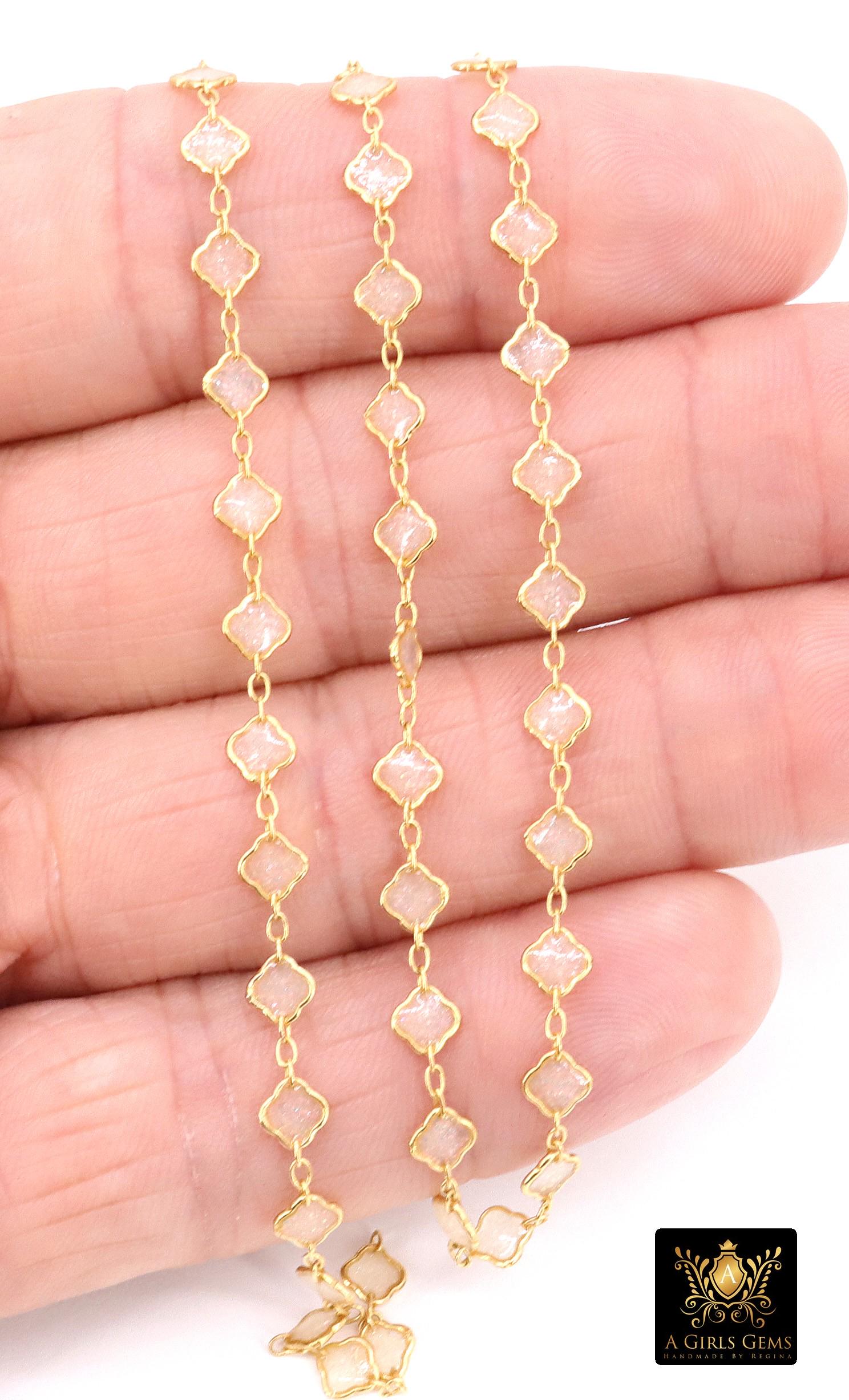 14 K Gold Filled Clover Enamel Chain, 4.4 mm Quatrefoil Dainty Links CH# 790, By The Foot, White Enamel Opalite Chain, Permanent Jewelry