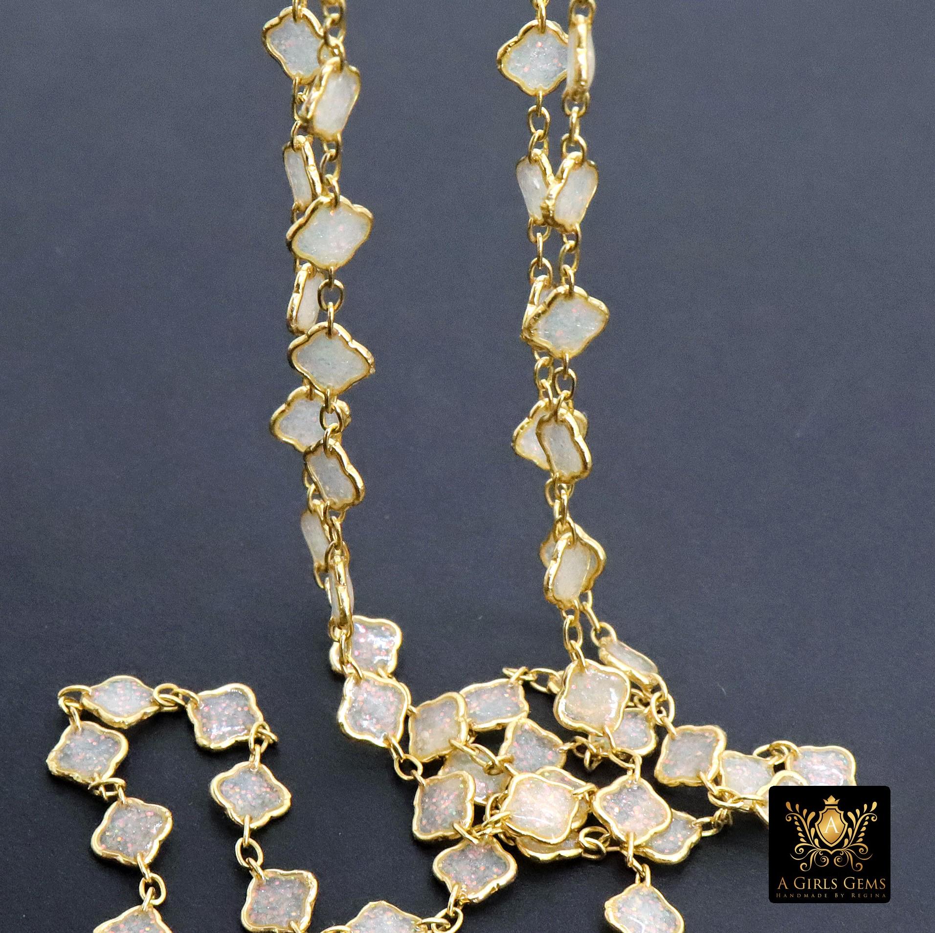 14 K Gold Filled Clover Enamel Chain, 4.4 mm Quatrefoil Dainty Links CH# 790, By The Foot, White Enamel Opalite Chain, Permanent Jewelry