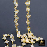 14 K Gold Filled Clover Enamel Chain, 4.4 mm Quatrefoil Dainty Links CH# 790, By The Foot, White Enamel Opalite Chain, Permanent Jewelry