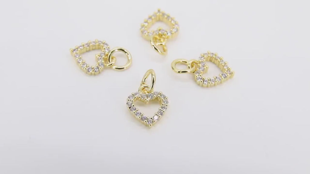 CZ Paved Gold Heart Charms, 10 mm Tiny Heart Charm #3407, Silver Minimalist Small Valentine Heart