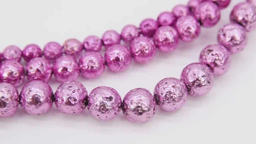 Pink Plated Lava Rock Beads, Metallic Textured Mardi Gras Beads BS #183, Breast Cancer Awareness sizes 6 mm 8 mm 10 mm in 15.4 inch Strands