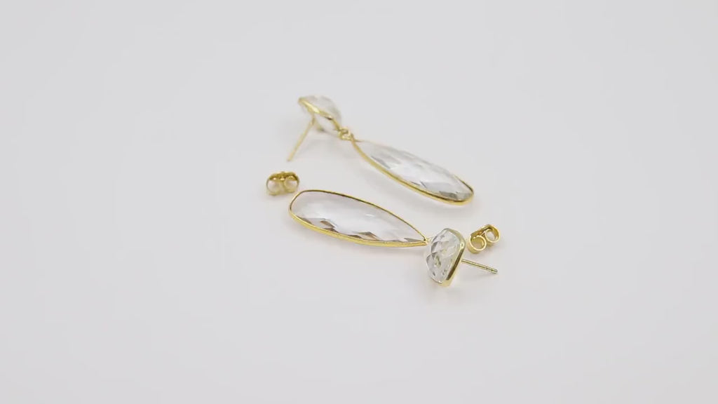 Clear Crystal Quartz Stud Earrings, Gold Over 925 Silver Teardrop Gemstone #192, Everyday Jewelry