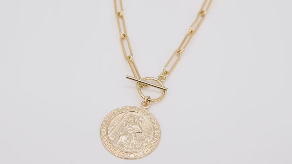 Medal Toggle Coin Necklace, Genuine 14 K Gold Filled Paperclip Chain Necklace #2606, St Christopher Choker