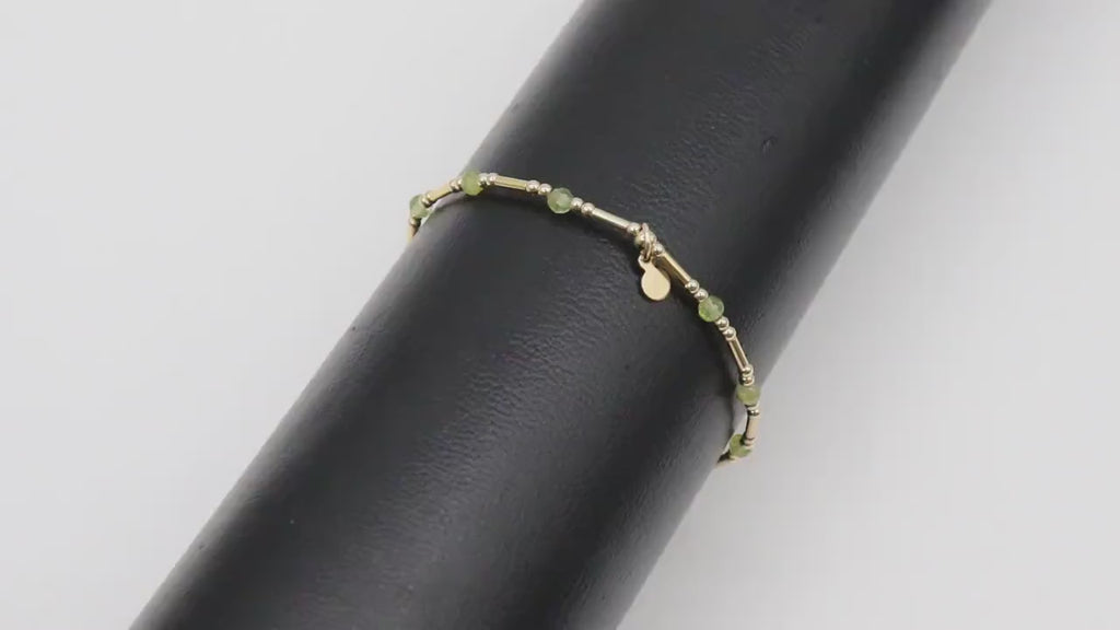 14 K Gold Filled Beaded Peridot Stretchy Bracelet, Dainty Tube Stacking Bracelet, Handmade Green Waterproof Bracelet