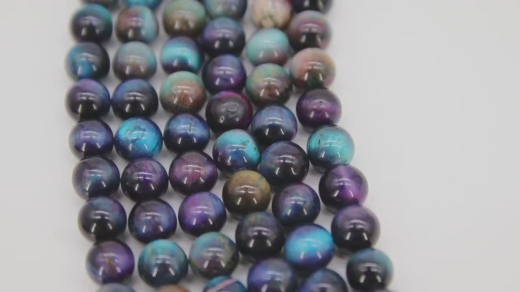 Blue Tiger Eye Beads, Shimmery Smooth Round Blue Black and Purple Blends BS #19, sizes 8 mm 15 inch Strands