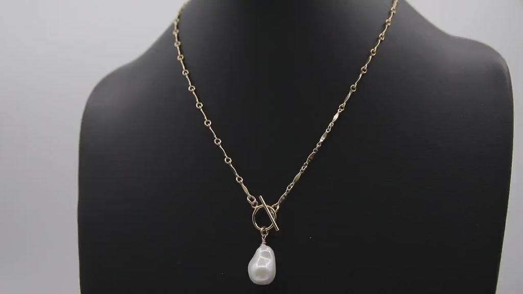14K Gold Filled Baroque Pearl Necklace: Dapped Bar Chain