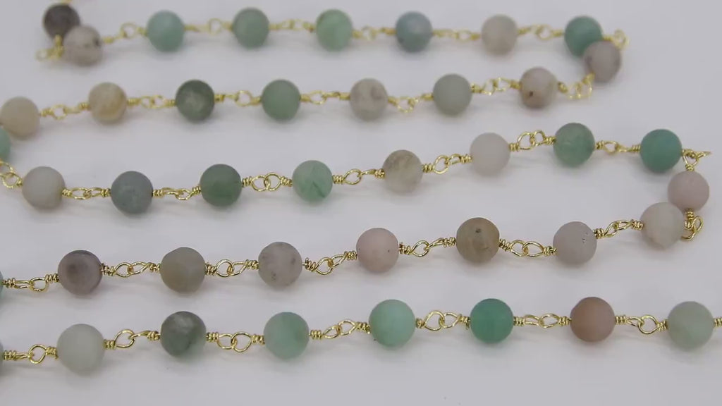 Matte Amazonite Rosary Chain, 8 mm Gold Plated Wire Wrapped Chain CH #542, By The Foot