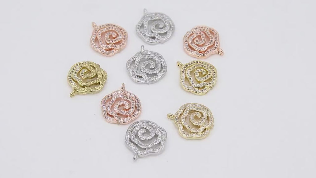 CZ Pave Camellia Charms, Silver Flower Charms #150, Rose Gold and Gold Necklace Findings