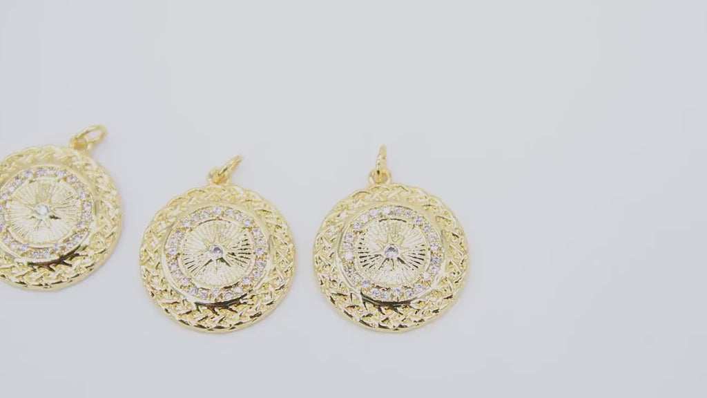 Gold Coin Charm, CZ Pave 19 mm Round Dome Disc Charms #2655, Small Filigree Weave Pattern Circle Charms