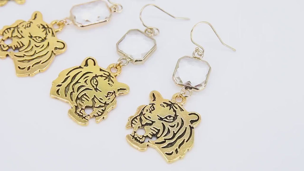 Gold Tiger Head Earrings, 14 K Gold Filled Ball End Ear Wires, Dangle LSU Gameday Jewelry