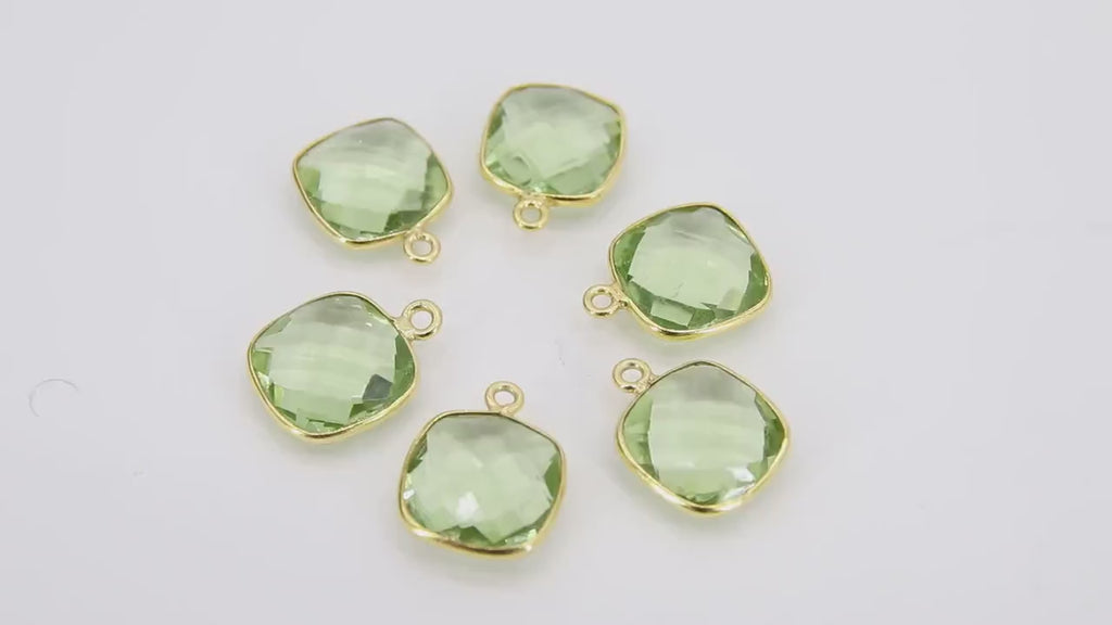 Green Amethyst Square Charms, 12 mm Gold Gemstone Charms #2996, Sterling Silver