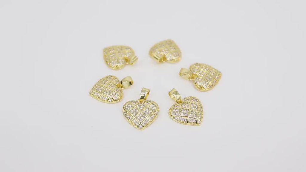 CZ Paved Gold Puff Heart Charm, 17 mm Silver Cubic Zirconia Heart Shaped Charm #160, Small CZ Heart Charms