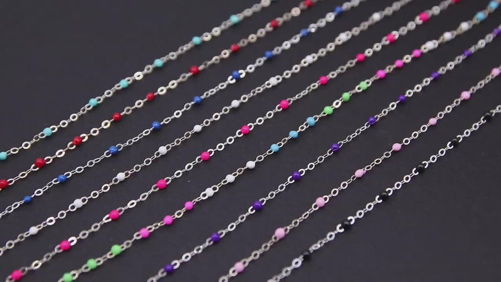 925 Sterling Silver Dainty Beaded Enamel Chain, Rainbow Satellite Jewelry CH #800, By Foot Flat Cable