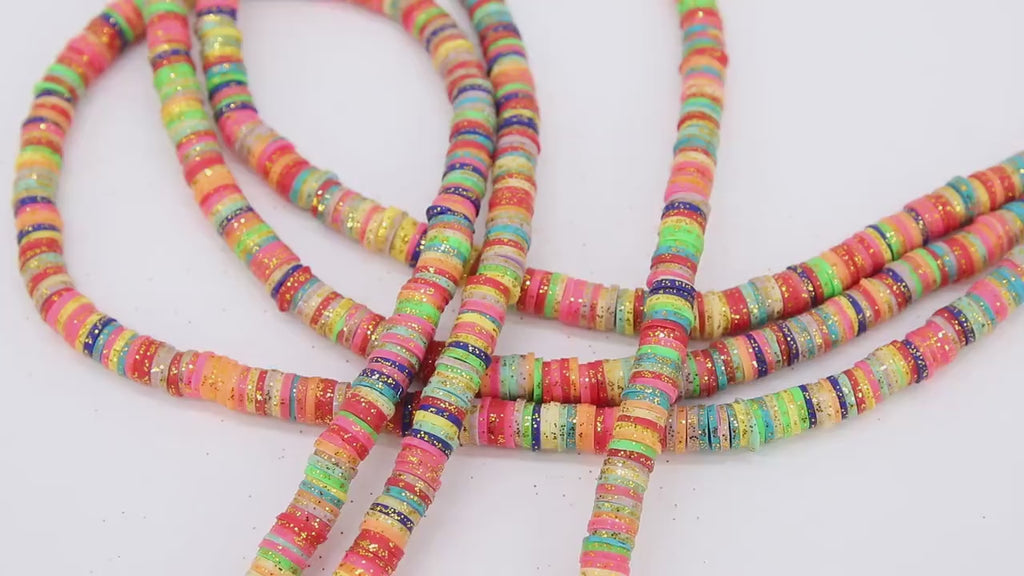 2 Strands 6 mm Clay Flat Beads, Gold Glitter Blue Green Red Heishi in Polymer Clay Disc CB #163, Rondelle Multi Color