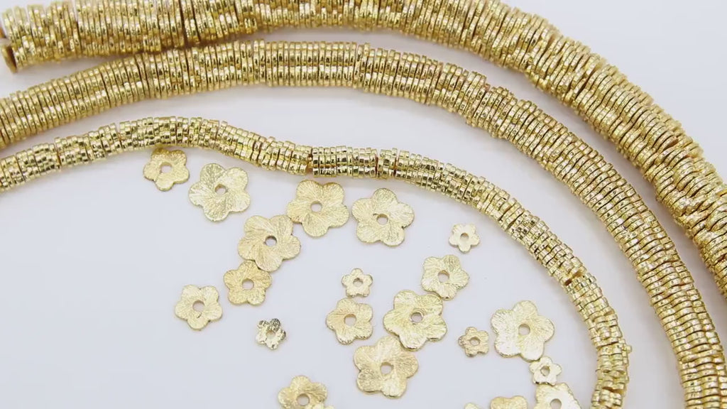 Gold Petal Spacer Beads, 20-200 pcs Round Brushed Flat Daisy Discs #2931, Flower Wavy Rondelle