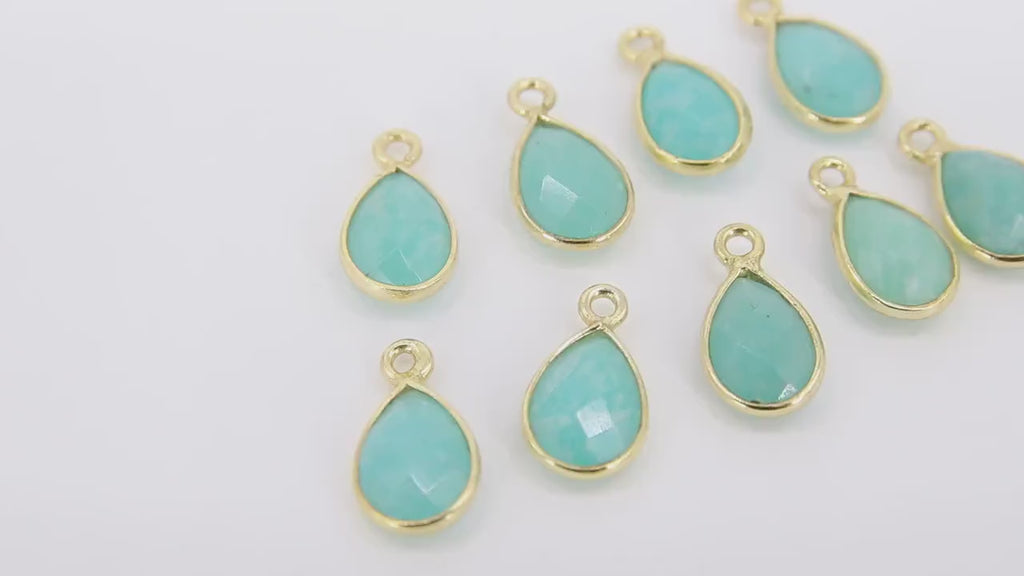 Natural Amazonite Teardrop Charms, Gold Plated Faceted Aqua Blue Gemstones #2828, Sterling Silver Pendants