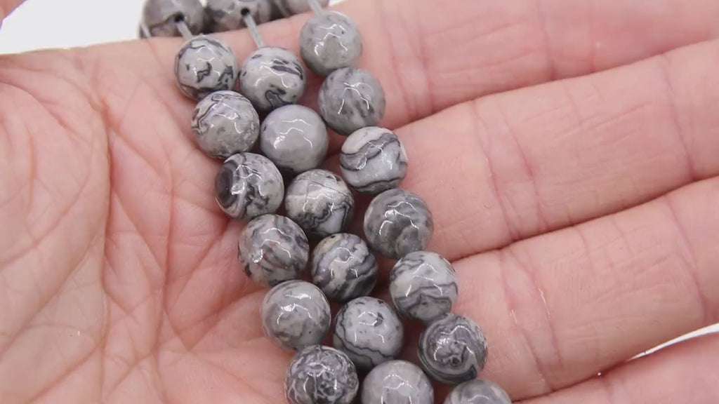 Faceted Picasso Map Stone Beads, Round Black Gray Beads BS #188, High Quality 10 mm 15.8 inch Strands