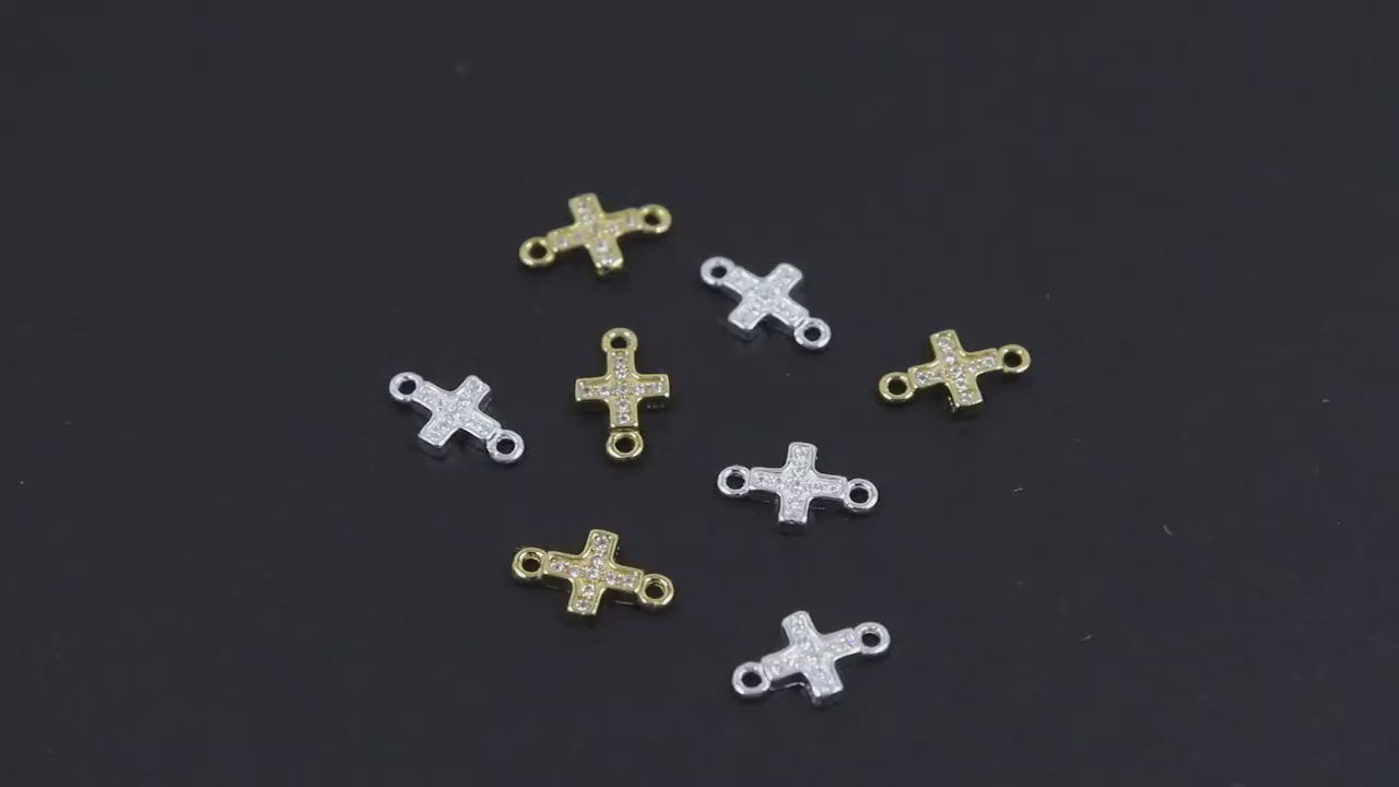 925 Sterling Silver Cross Connectors, 6 mm CZ Gold Over Silver Tiny Cubic Zirconia Crosses # 3682, Silver and Gold 10 mm Links