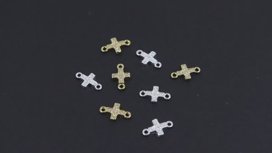 925 Sterling Silver Cross Connectors, 6 mm CZ Gold Over Silver Tiny Cubic Zirconia Crosses # 3682, Silver and Gold 10 mm Links