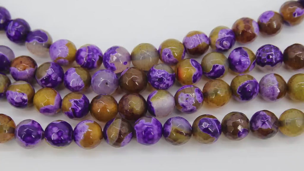 Purple and Gold Fire Agate Beads, Faceted Yellow White Pattern Beads BS #107, sizes in 10 mm 15 inch FULL Strands