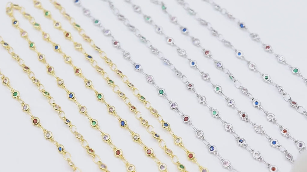 3 mm Gold Mixed CZ Chain By The Yard, Silver Genuine Cubic Zirconia Chain CH# 560, By The Foot